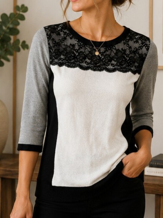 Hannah Tops - Hannah Fine Knit Color Block Lace Yoke Sweater Size Small